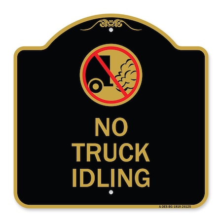 Driveway Sign No Truck Idling With Graphic, Black & Gold Aluminum Architectural Sign